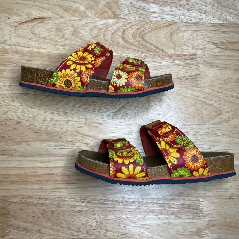 Elefanten Girl’s Bright Sunflower Slip on Double Strap Buckle Sandals, Size 31